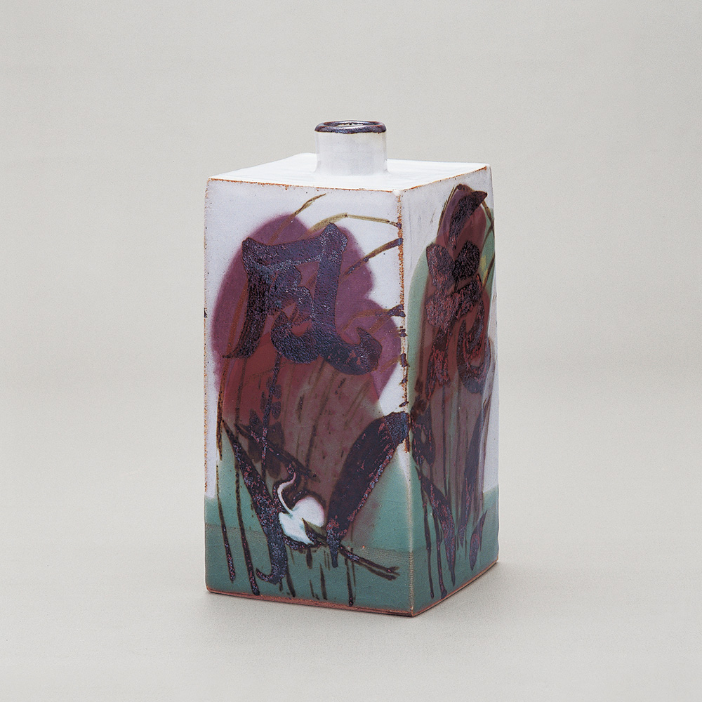 ④TAMURA Kōichi, Square vase with wind, flower, snow and  moon design, coloued with copper over iron painting, 1986