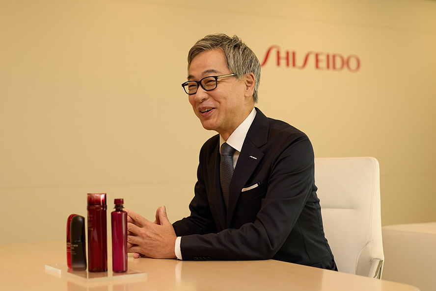 CEO Kentaro Fujiwara seated for an interview in front of Ultimune and Eudermine.