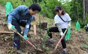 A city office worker and a Shiseido employee planting a nursery tree