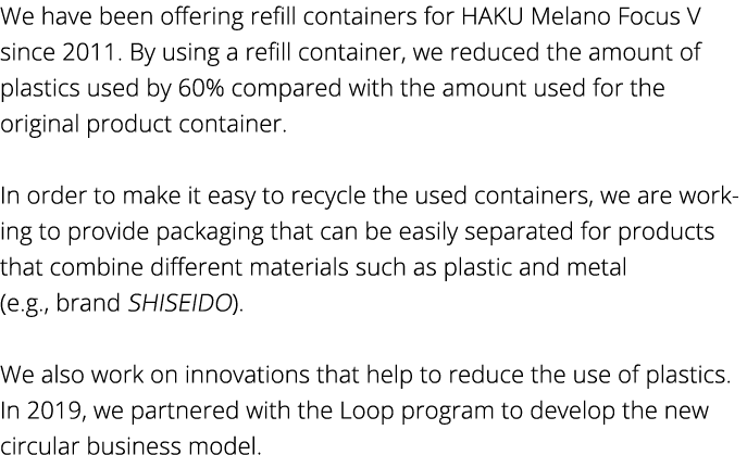 We have been offering refill containers for HAKU Melano Focus V since 2011  By using a refill container, we reduced t   