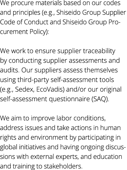 We procure materials based on our codes and principles (e g , Shiseido Group Supplier Code of Conduct and Shiseido Gr   