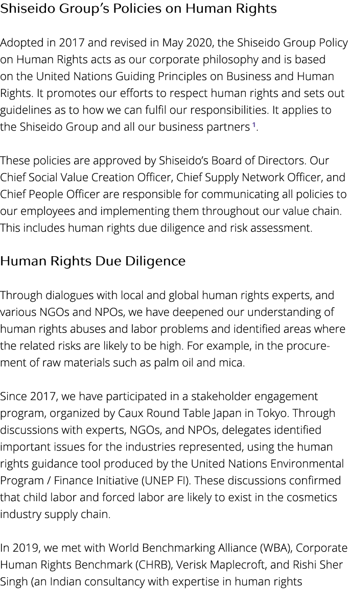 Shiseido Group s Policies on Human Rights Adopted in 2017 and revised in May 2020, the Shiseido Group Policy on Human   
