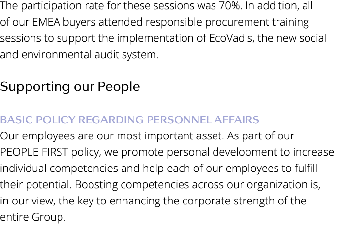 The participation rate for these sessions was 70%  In addition, all of our EMEA buyers attended responsible procureme   