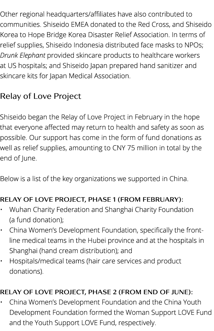  Other regional headquarters affiliates have also contributed to communities  Shiseido EMEA donated to the Red Cross,   