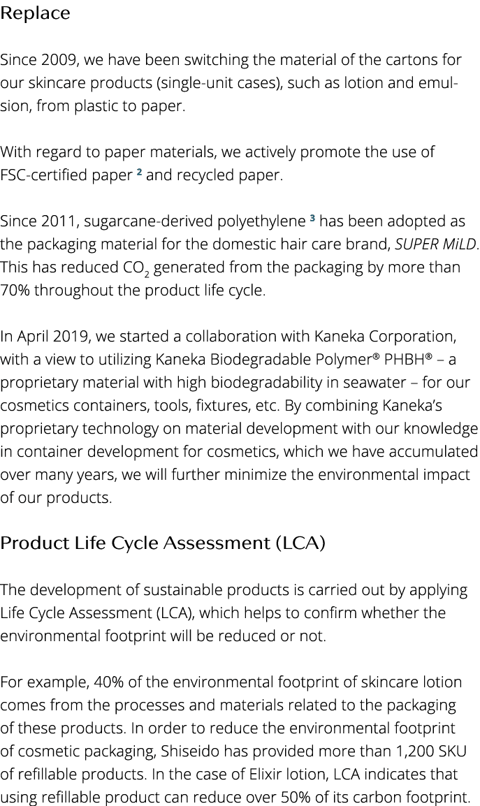 Replace  Since 2009, we have been switching the material of the cartons for our skincare products (single-unit cases)   